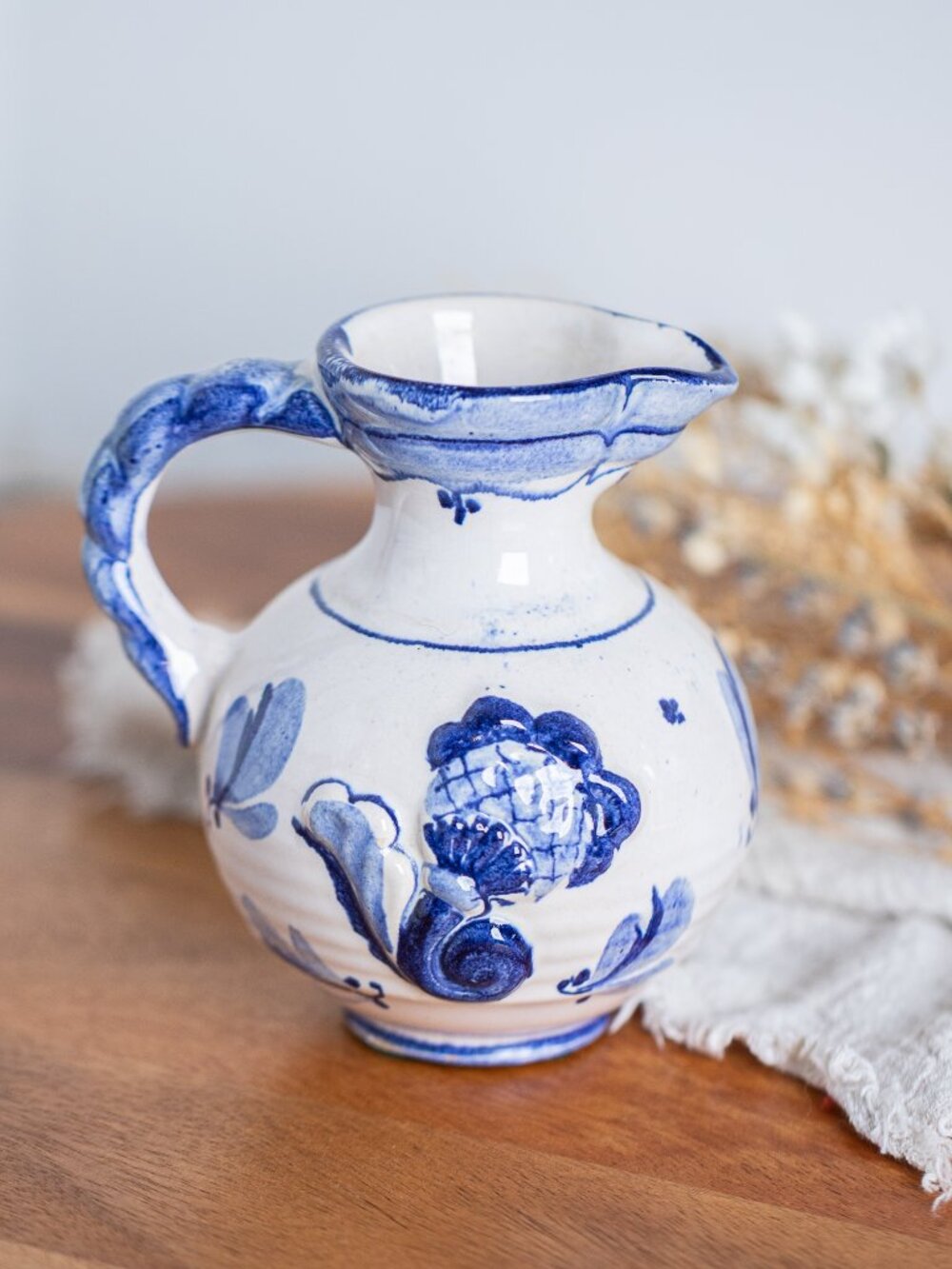 Vintage Blue and White Ceramic Creamer Pitcher | Floral Milk Jug | Cottagecore